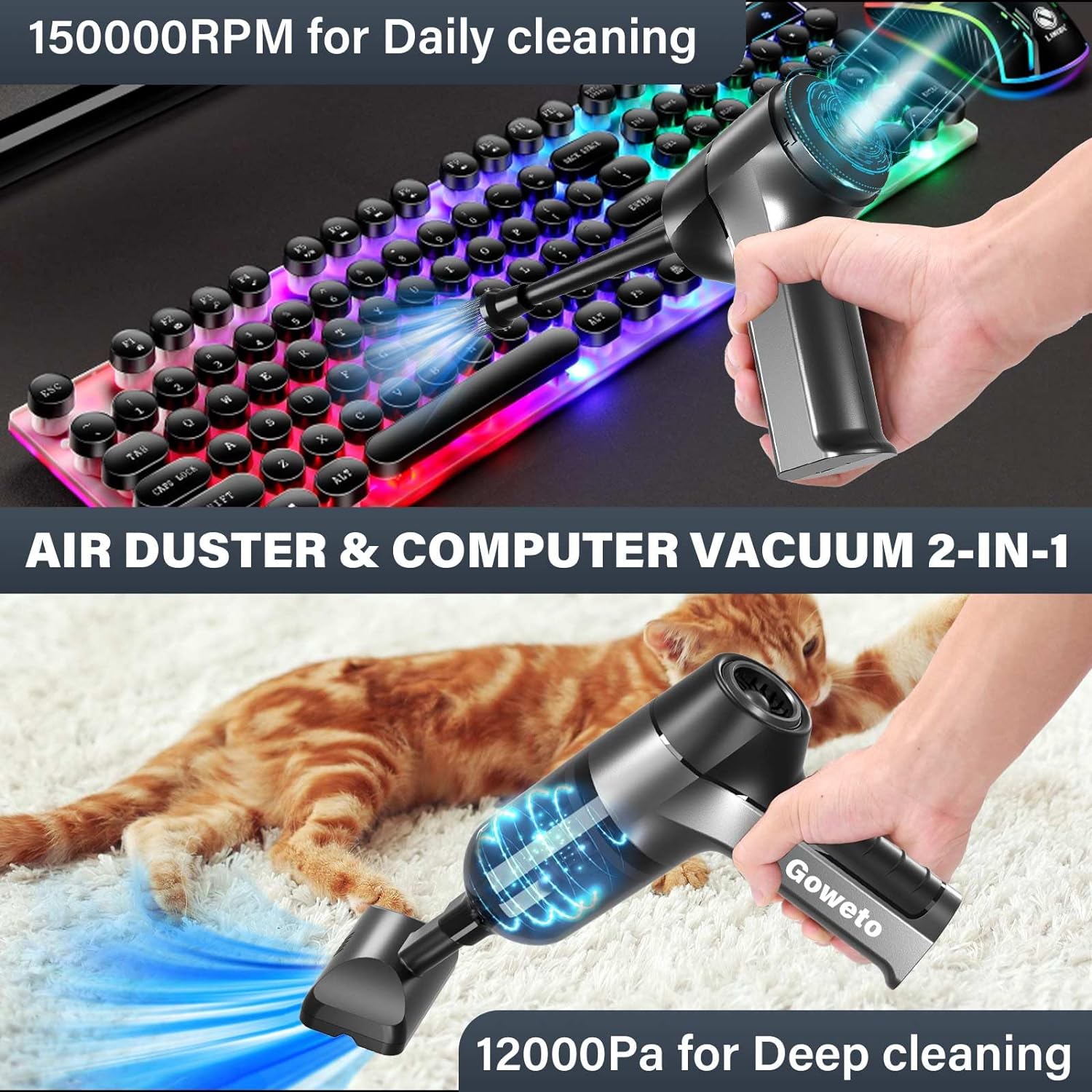 Goweto Computer Vacuum - Air Duster - 3 in 1-150000RPM Brushless Motor - 8 Different Nozzles