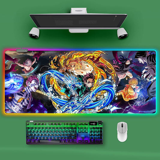 RGB Mouse Pad for Demon Slayer - Anime Tanjirou Large Mouse Pad for Computer with LED Light Edges Non Slip Rubber Base | Kimetsu No Yaiba 11.8 X 31.5In Long Mouse Mat